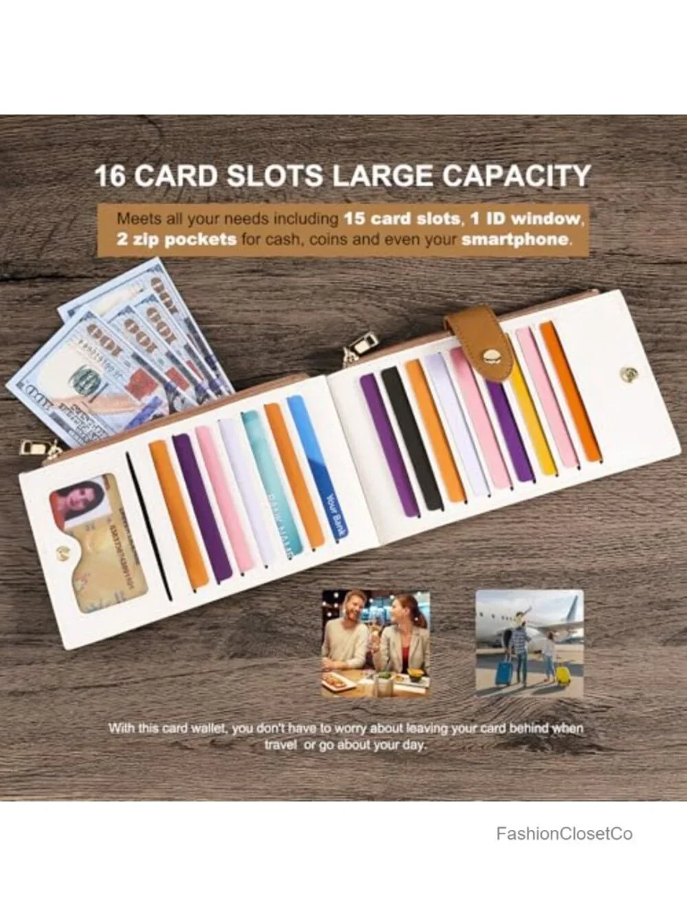 RFID Blocking Bifold Leather Wallet with Zipper and 15 Card Slots